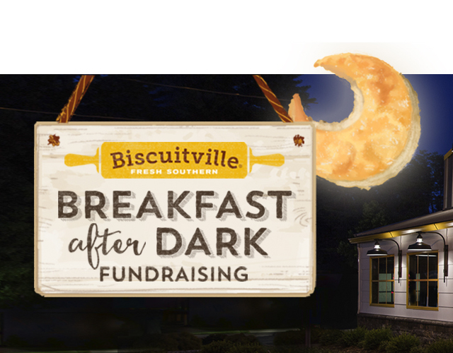 Biscuitville Breakfast After Dark: Restaurant with sign and biscuit moon